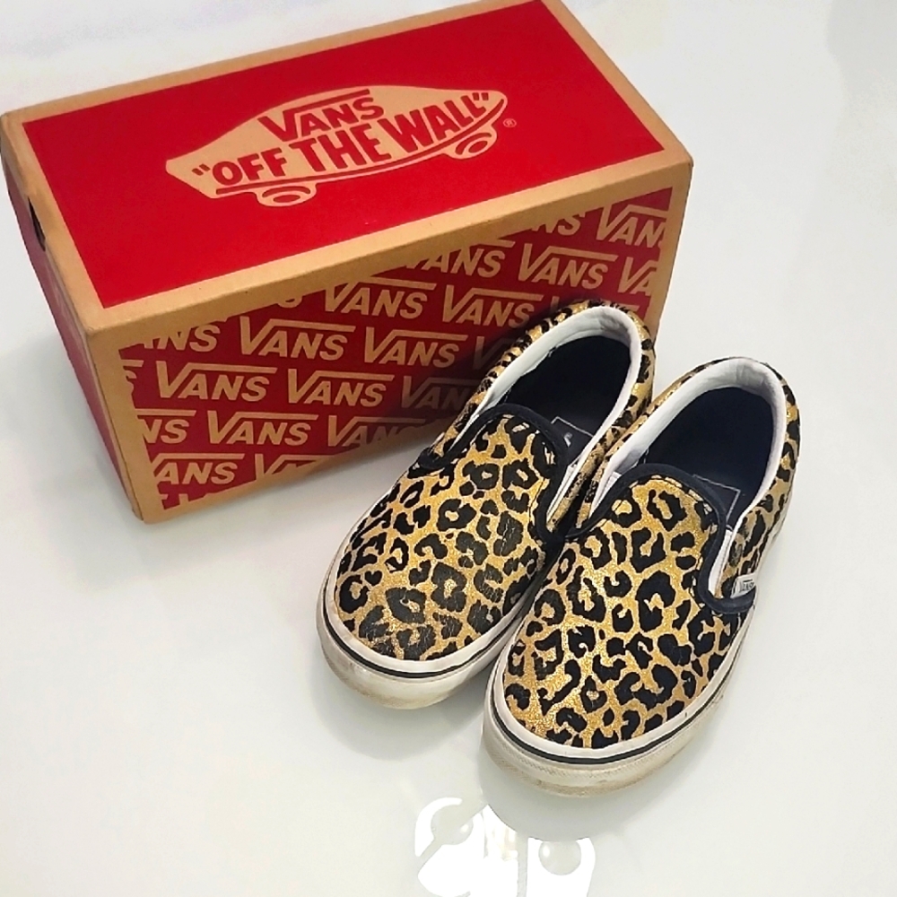Vans Leopard Print Gold Sparkle and Black Slip-On Sneakers